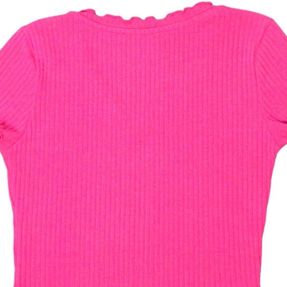 Vintage Crop Top Small, Pink V-Neck Short Sleeve Ribbed Shirt, Stretch - Picture 4 of 6